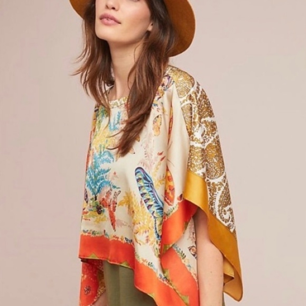 Anthropologie Cream Multicolor Silk Poncho with Orange and Gold Borders